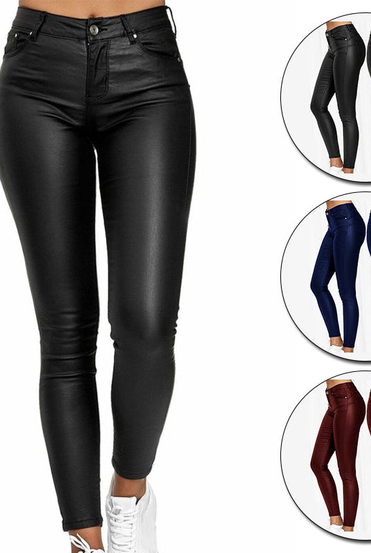 Black Isabella stretch leather trousers by Lumina Wear, shown on a model, highlighting their sleek fit and stylish design.