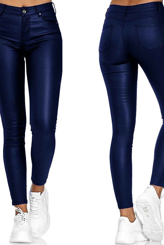 Black Isabella stretch leather trousers by Lumina Wear, showcasing a sleek, fitted design with stylish detailing.
