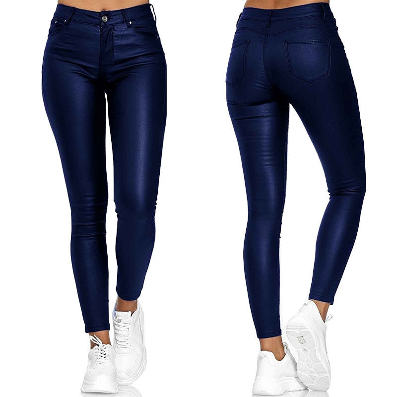 Black Isabella stretch leather trousers by Lumina Wear, showcasing a sleek, fitted design with stylish detailing.