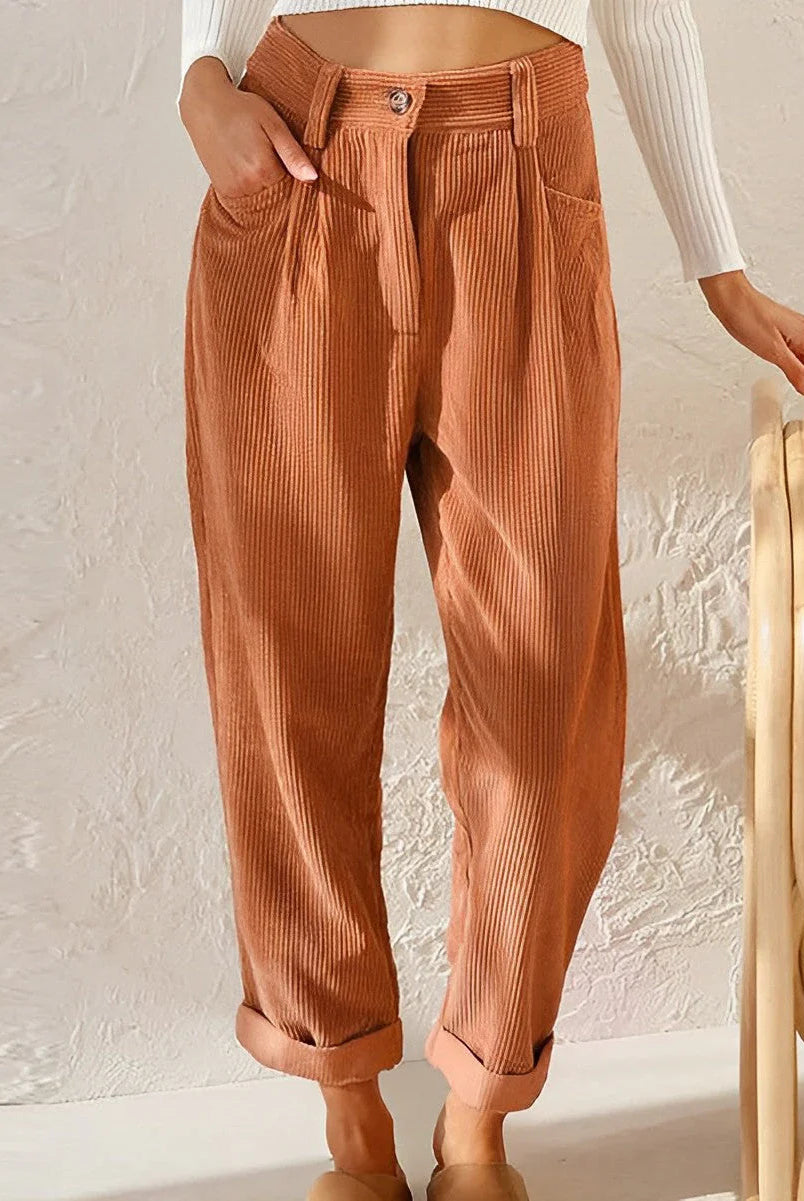 Lumina Wear Isabella chic striped trousers in apricot, featuring a comfortable fit and stylish design, perfect for casual wear.