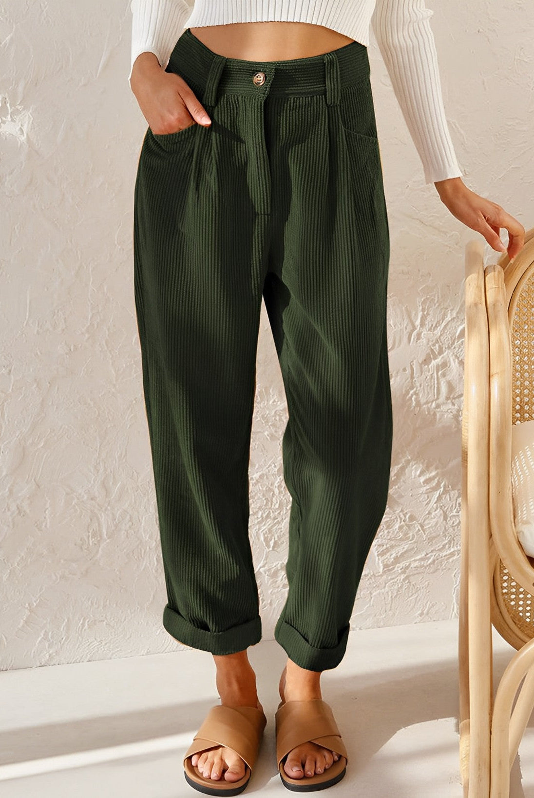 Isabella Lumina Wear striped trousers in apricot with a chic, comfortable fit showcasing stylish waistband and relaxed fit.
