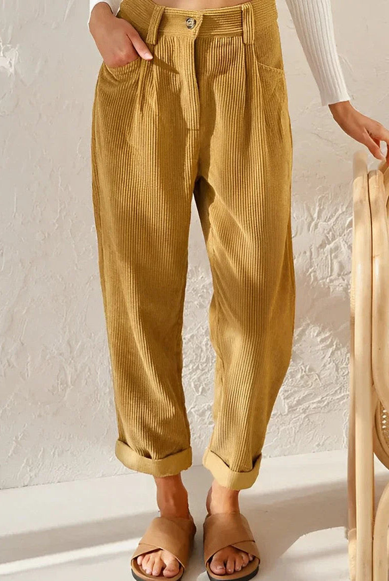 Lumina Wear Isabella chic striped trousers in apricot with a comfortable fit, casual pants for stylish everyday wear.