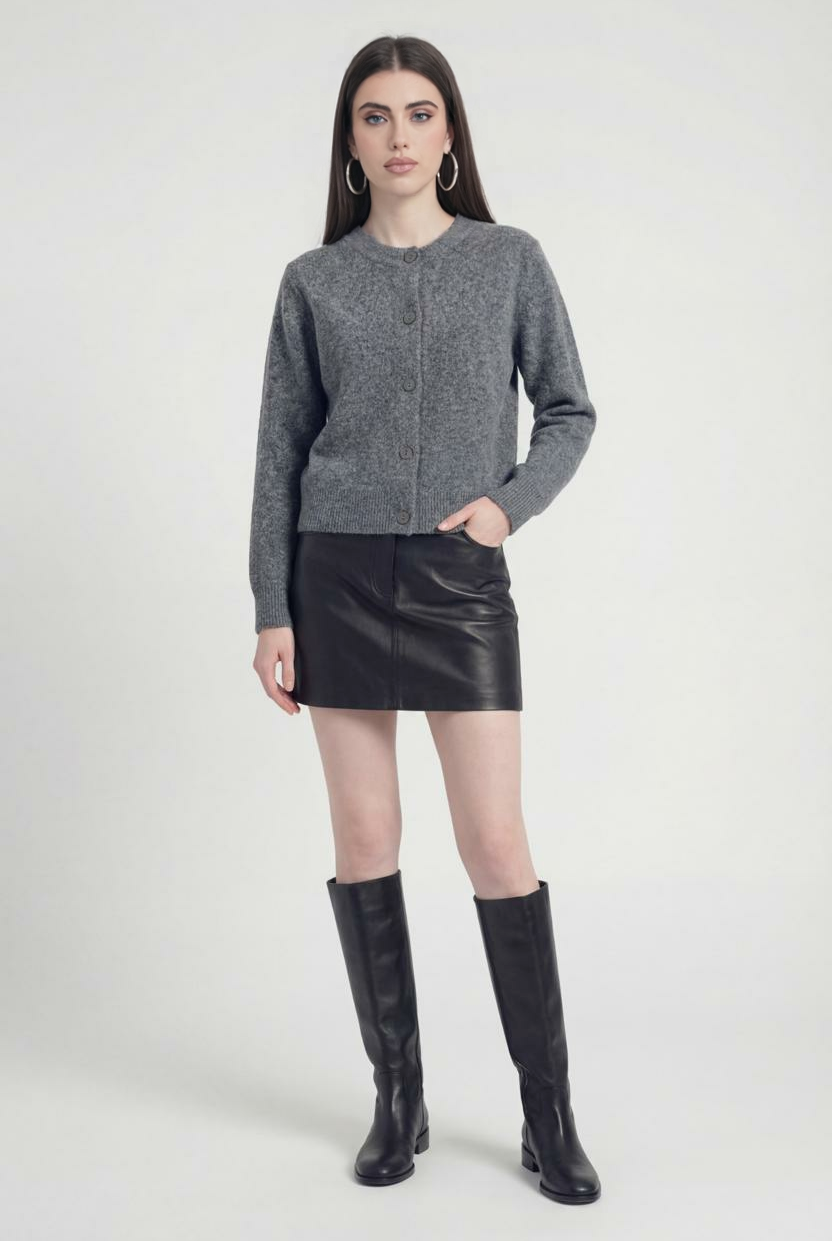 Gray long cardigan sweater by Lumina Wear featuring a cozy, relaxed fit, perfect for layered, casual styling.