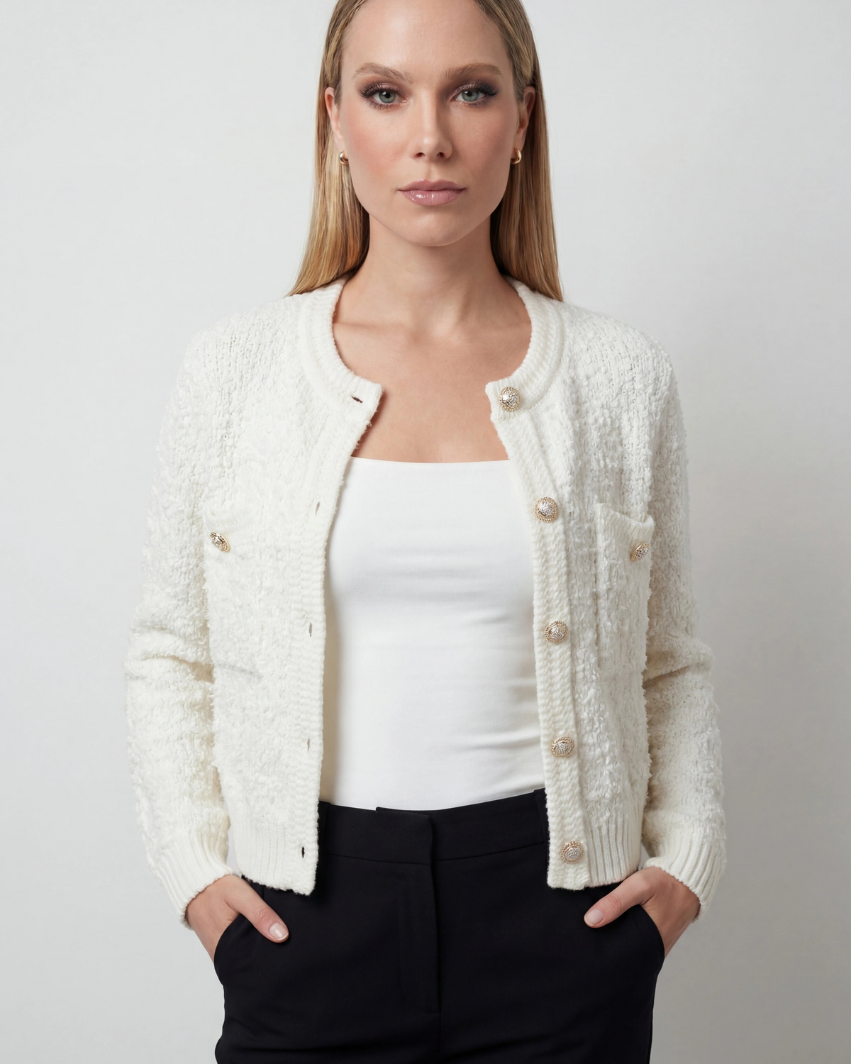 Lumina Wear Isabella cozy open-front cardigan with ribbed details, soft knit sweater perfect for casual layering.