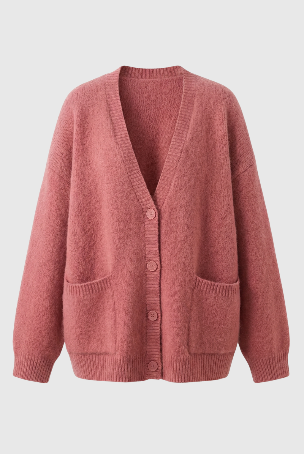 Pink knit cardigan sweater by Lumina Wear featuring a cozy, relaxed fit and soft, textured fabric.