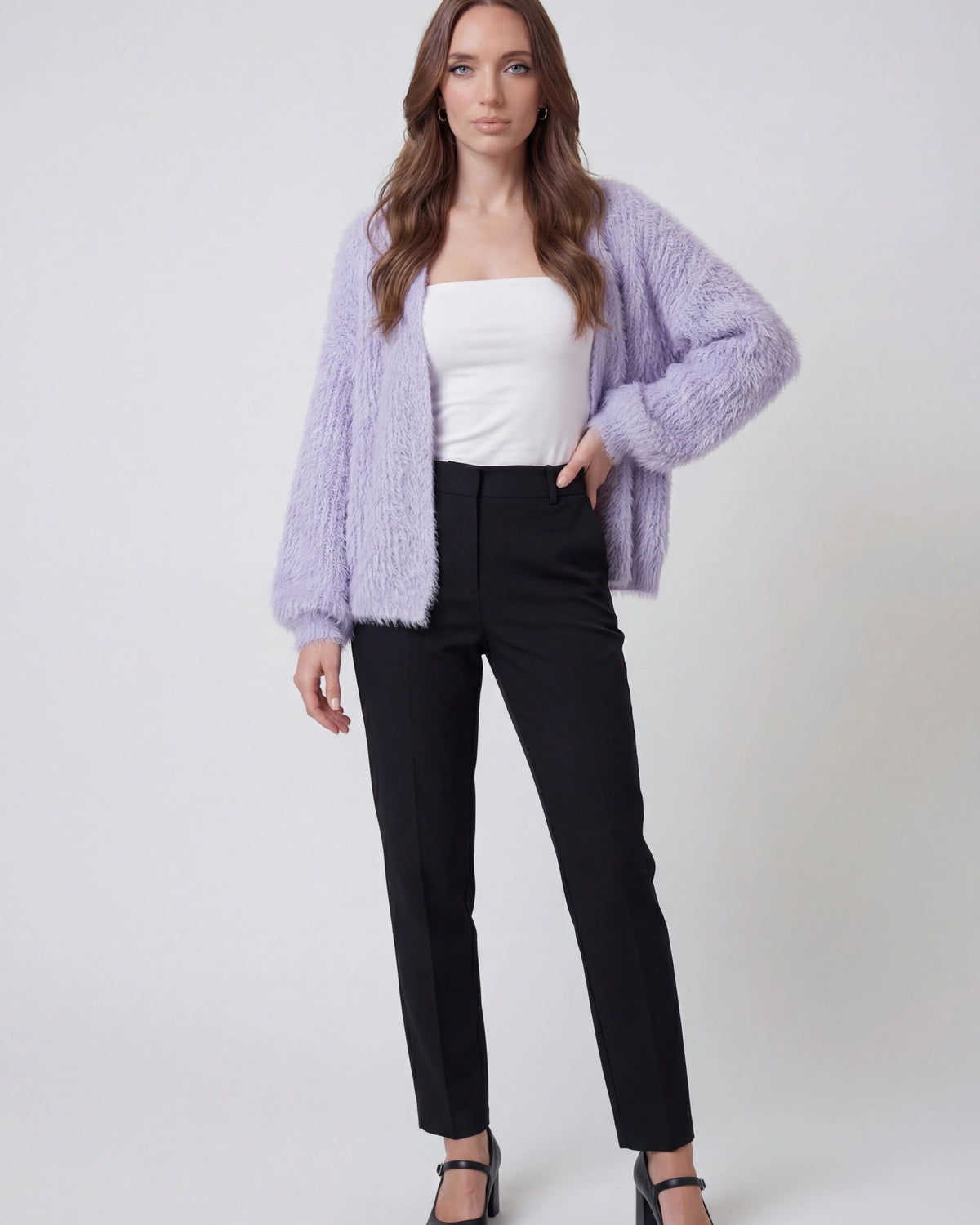 Lumina Wear Isabella cozy purple knit cardigan with ribbed details, featuring a soft, textured fabric and a comfortable fit.