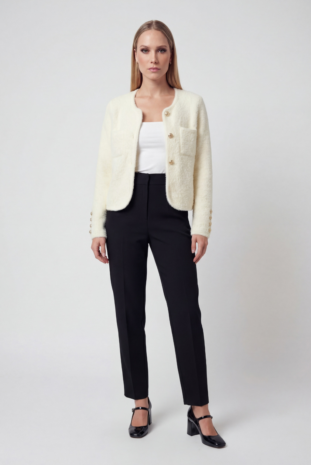 Lumina Wear Isabella women's white cardigan sweater with ribbed hem, cozy and stylish, perfect for layering and casual wear.