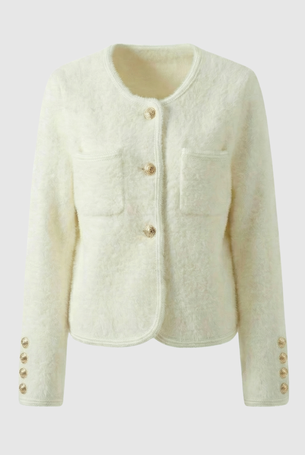 White women's cardigan sweater with ribbed hem, named Isabella by Lumina Wear, featuring a cozy, soft knit fabric.