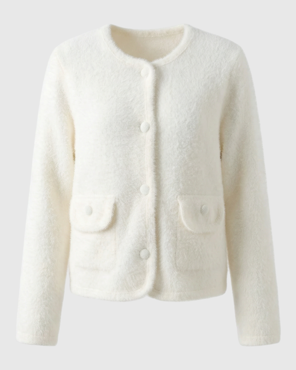 Lumina Wear Isabella cozy white open-front cardigan sweater with relaxed fit, displayed on a model.