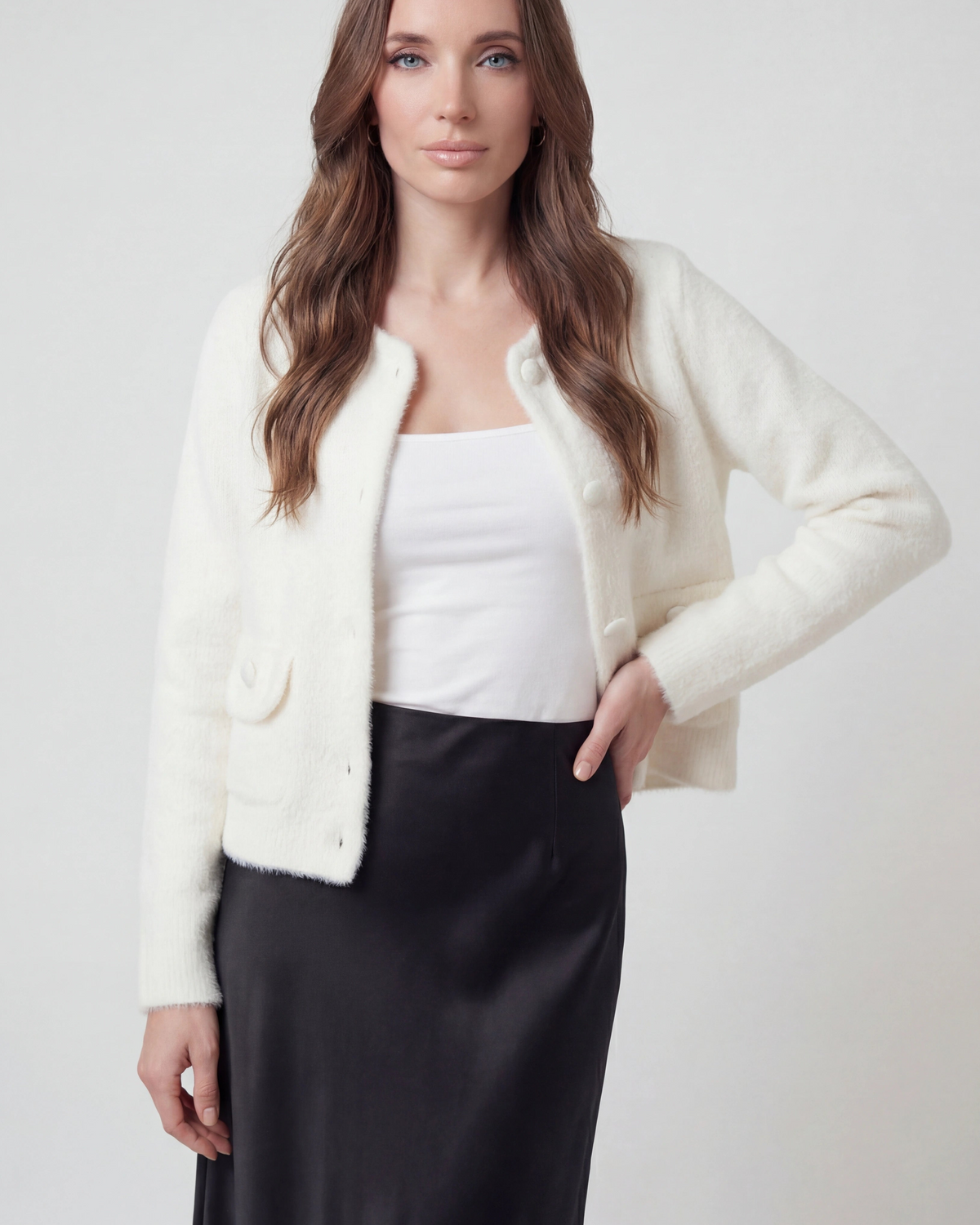 Isabella Lumina white open-front cardigan sweater with relaxed fit, cozy knit, and casual style for comfortable everyday wear.