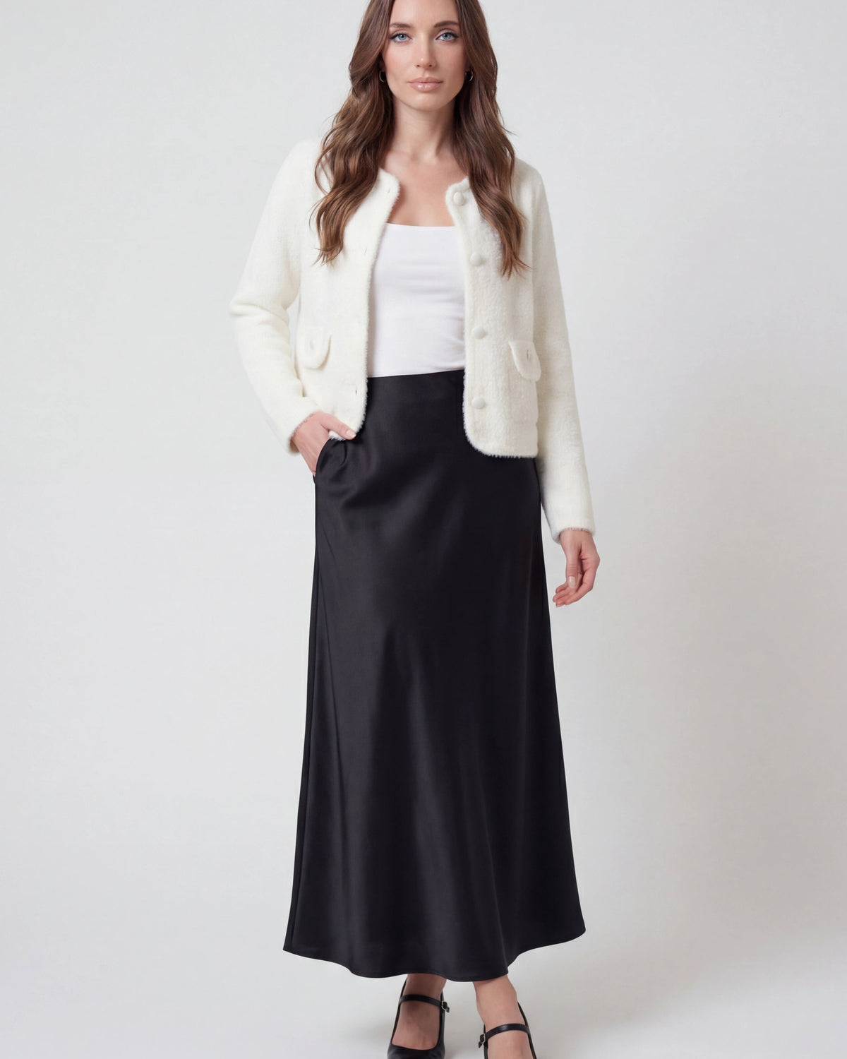 Lumina Wear Isabella cozy white open-front cardigan sweater with relaxed fit, displayed on a model.