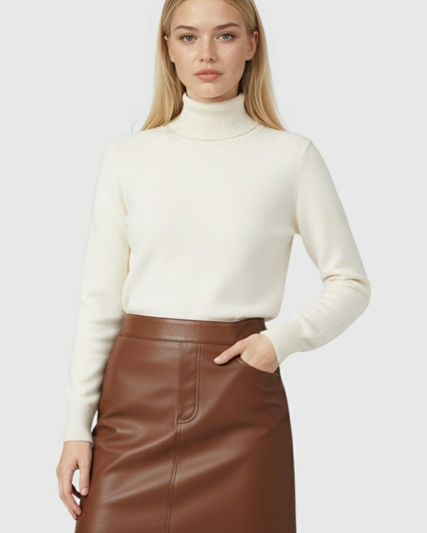 Lumina Wear Isabella apricot turtleneck sweater with slim fit, cozy knit, and stylish design, perfect for casual or elegant looks.