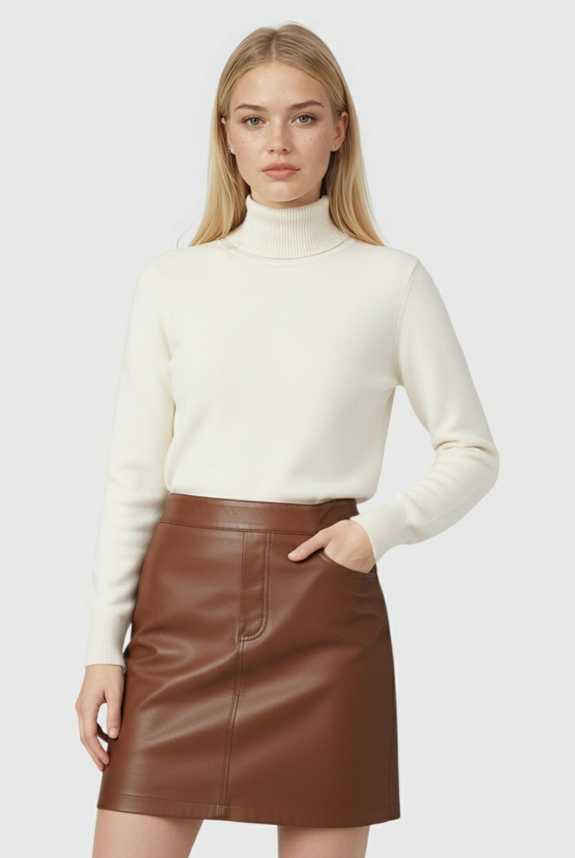Light apricot Lumina Wear Isabella turtleneck sweater with a slim fit, featuring a cozy knit design and elegant style.