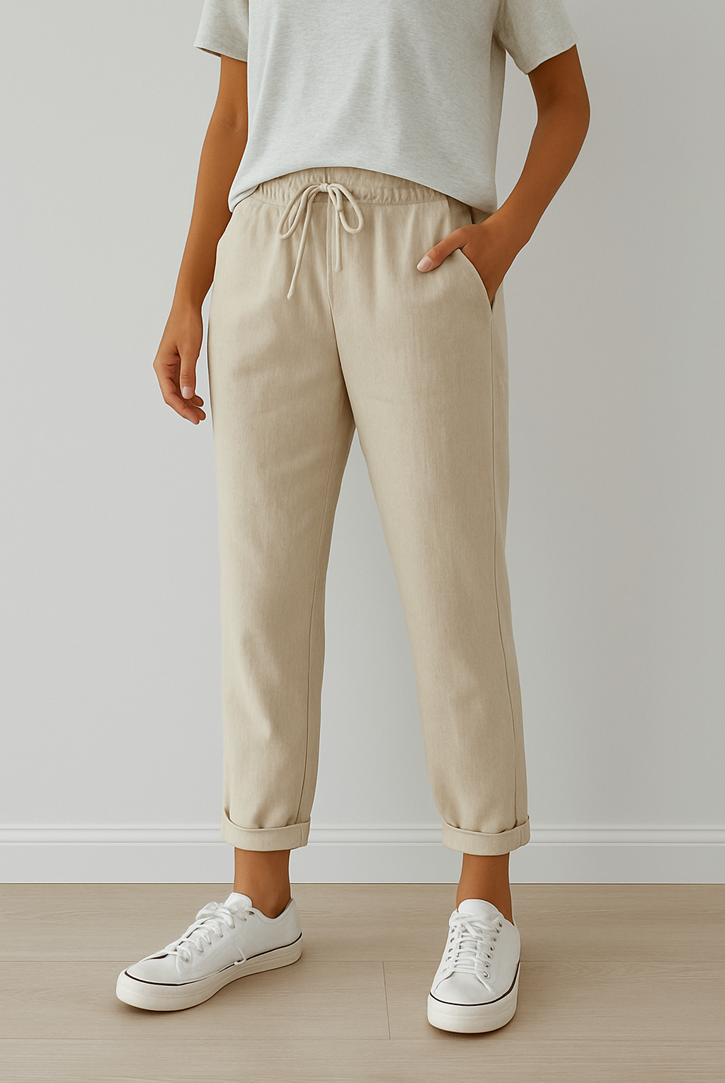 Elegant beige trousers by Lumina Wear featuring breathable fabric, modeled on a person wearing stylish, comfortable Trousers.