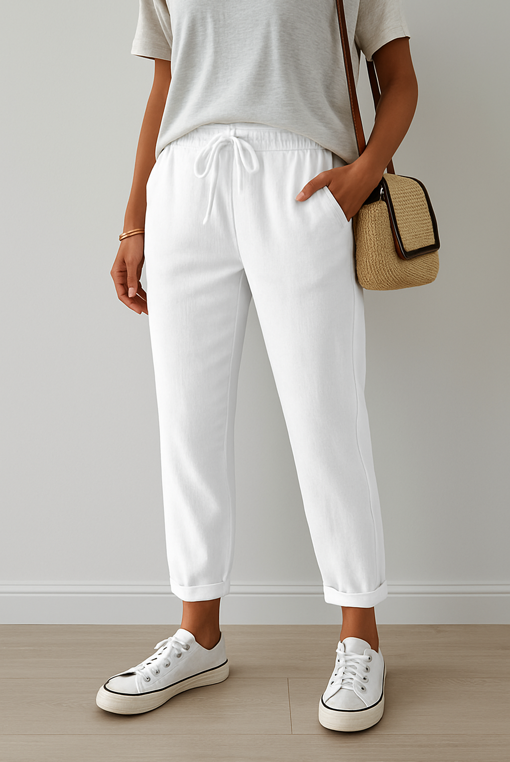 Elegant beige Lumina Wear Isabella trousers made of breathable fabric, shown with a tailored fit and classic design.