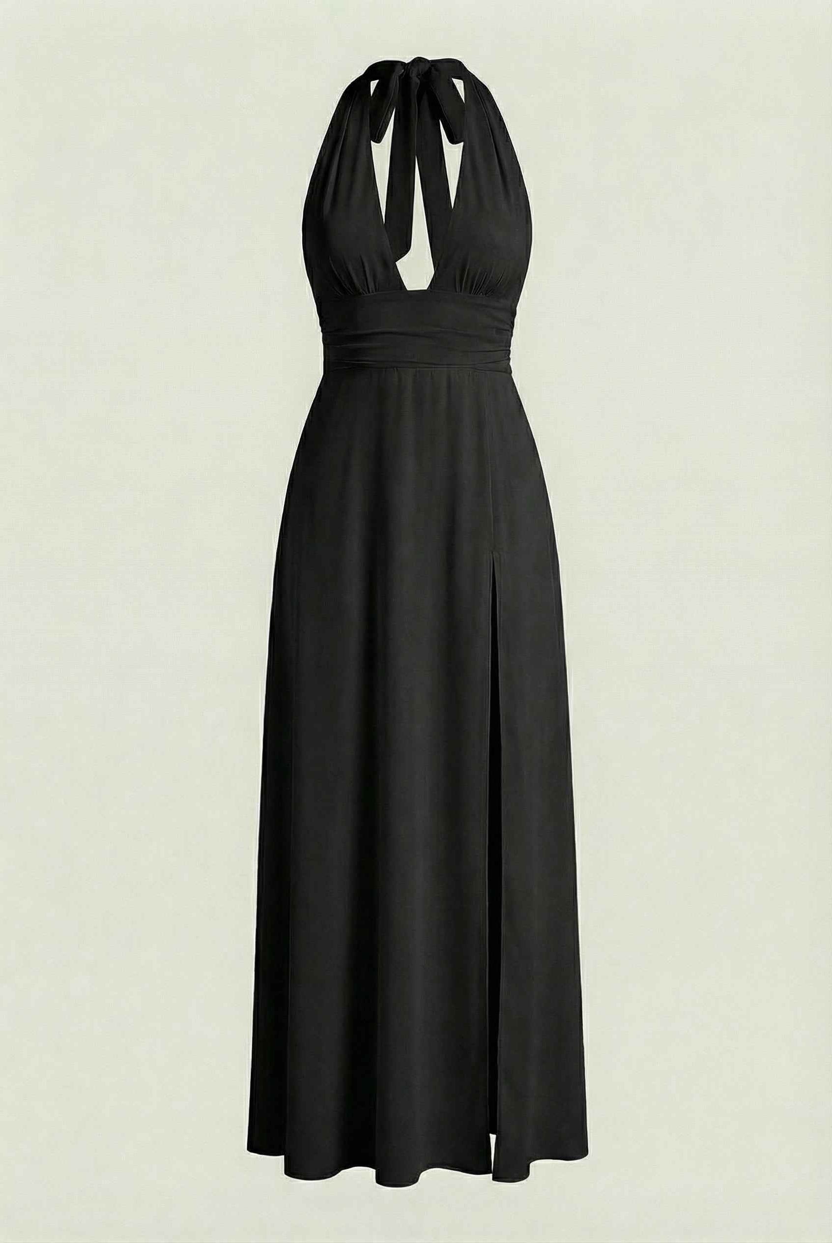 Elegant black halter neck dress by Lumina Wear, featuring a versatile fit and stylish design for various occasions.