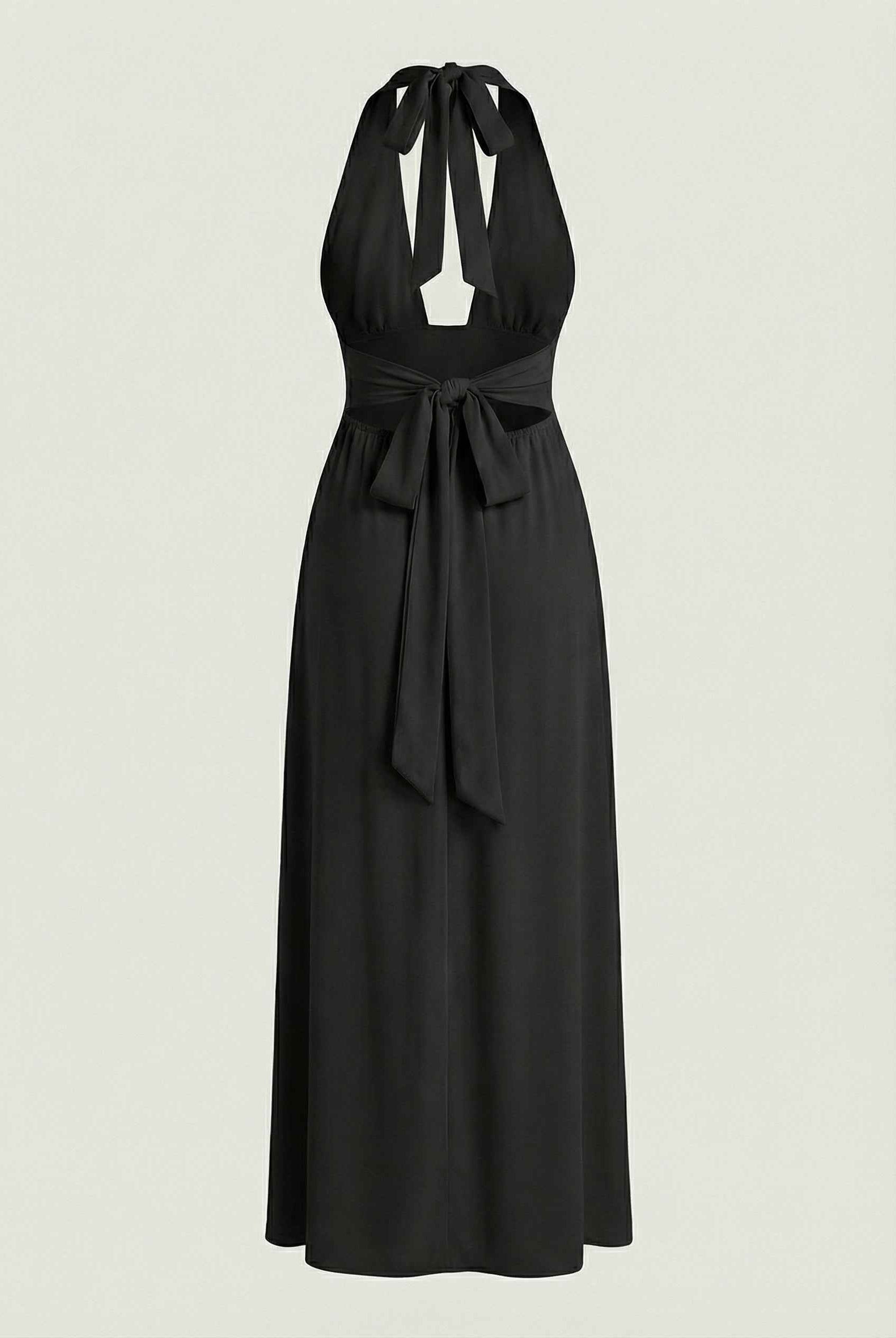 Elegant black halter neck dress by Lumina Wear, showcasing a versatile fit and flowing fabric for stylish occasions.