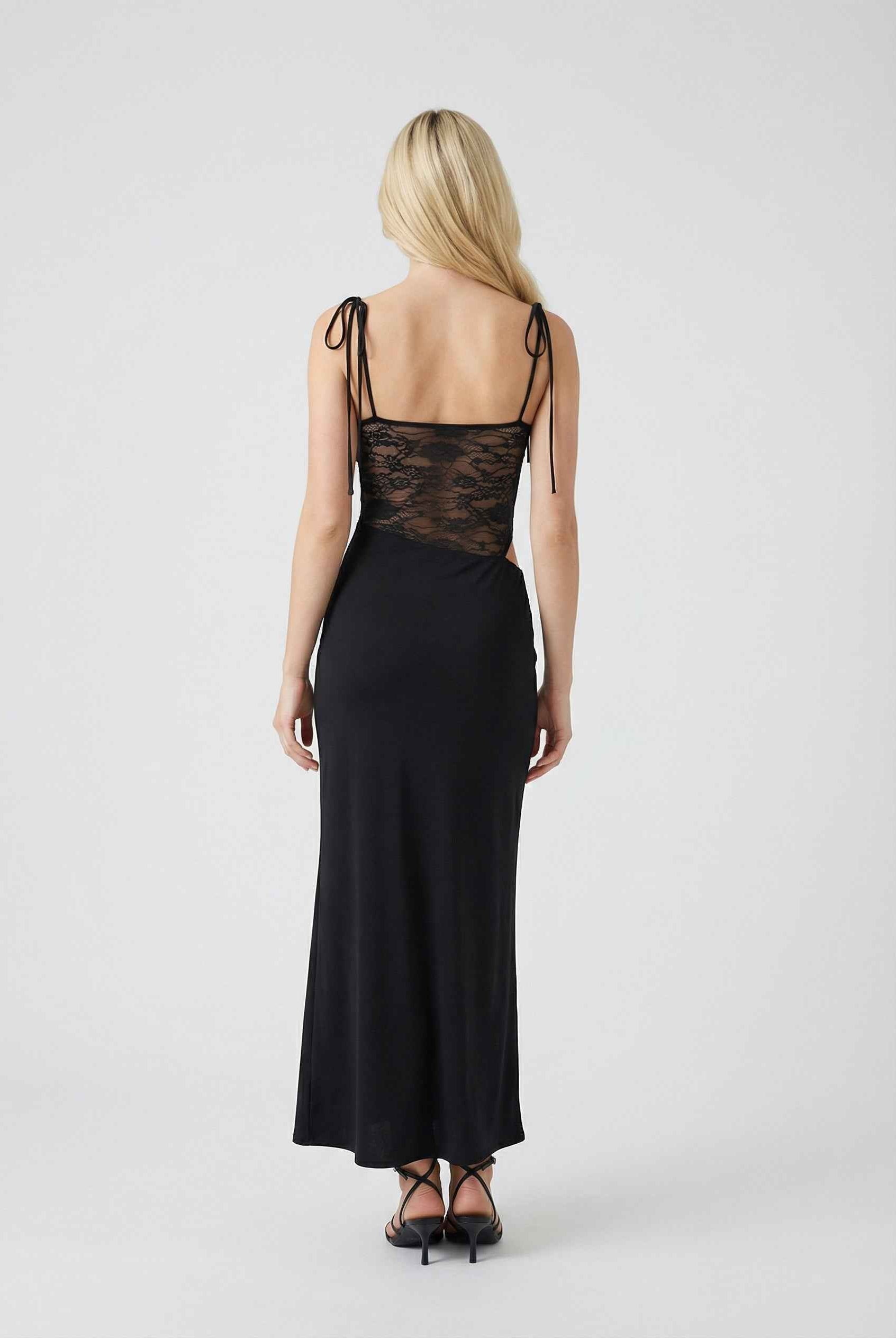 Elegant black lace dress named Isabella by Lumina Wear, featuring a flowy design and casual style.