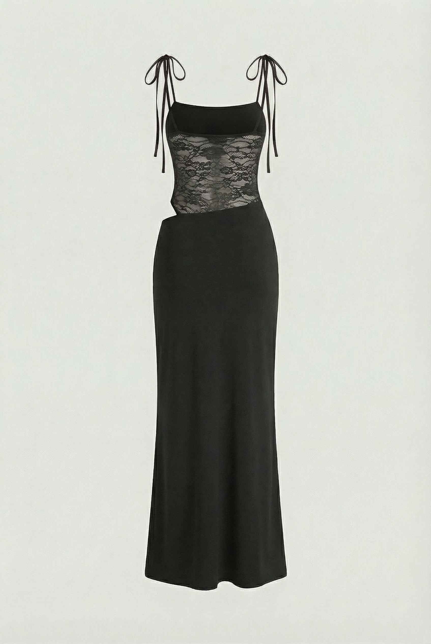 Elegant black lace dress with a flowy design from Lumina Wear, perfect for casual occasions, featuring intricate lace details.