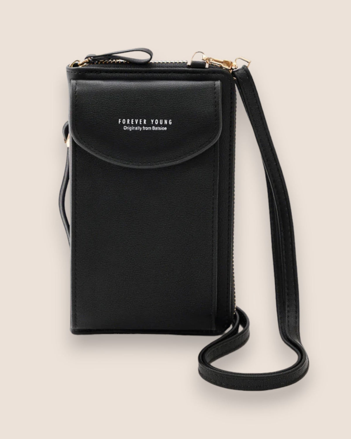 Elegant black leather clutch bag with versatile strap by Lumina Wear, featuring a sleek design and compact size.