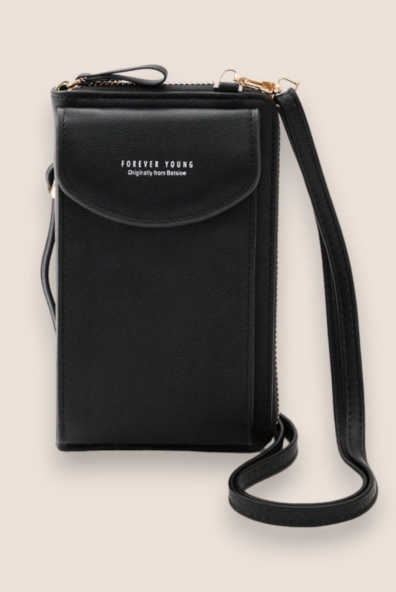 Elegant black leather clutch bag from Lumina Wear with a versatile strap, perfect for stylish evening or daytime use.