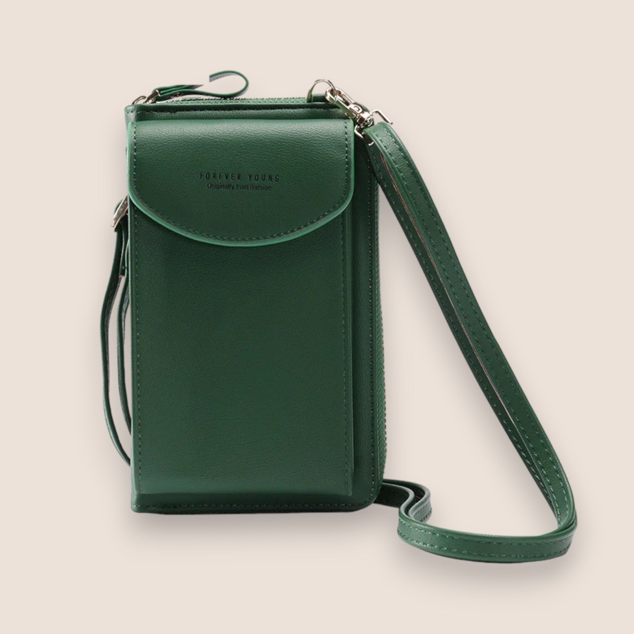 Elegant black leather clutch bag with versatile strap from Lumina Wear, featuring a sleek design and compact hand-held style.