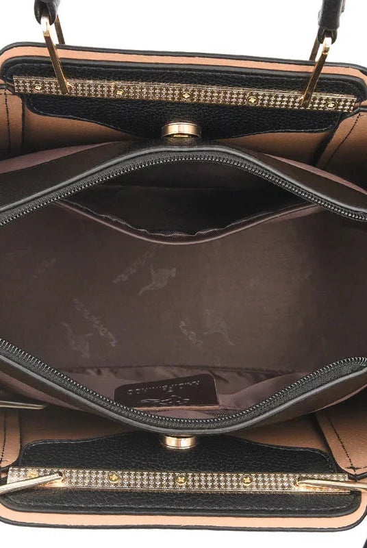 Elegant black leather handbag with gold accents from Lumina Wear's Isabella collection, featuring a structured design and stylish details.