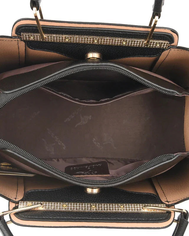 Elegant black leather handbag with gold accents from Lumina Wear's Isabella collection, featuring structured design and top handle.