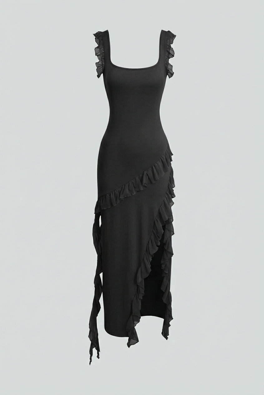 Elegant black maxi dress with high slit by Lumina Wear, featuring a fitted bodice and flowing skirt for women.