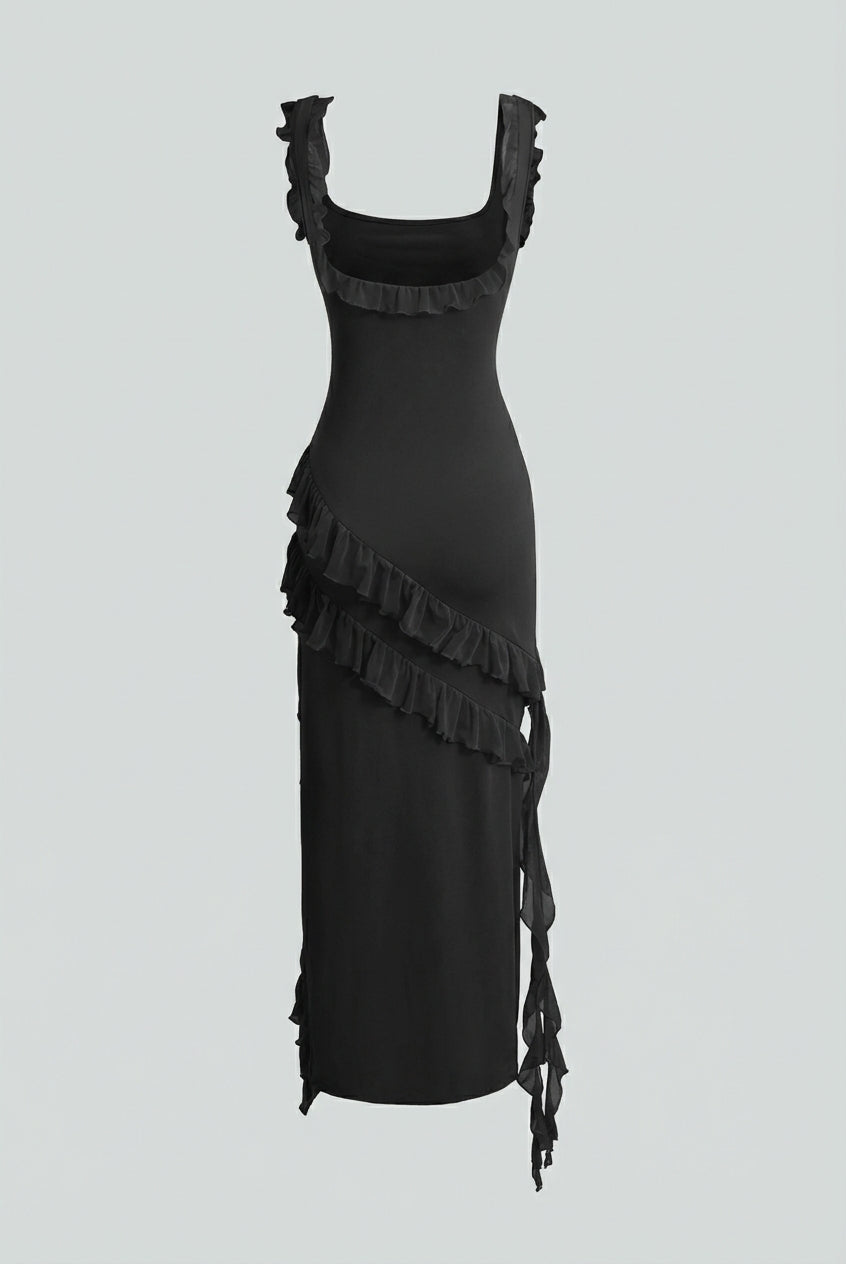 Elegant black maxi dress with high slit from Lumina Wear, featuring a fitted bodice and flowing skirt for women.