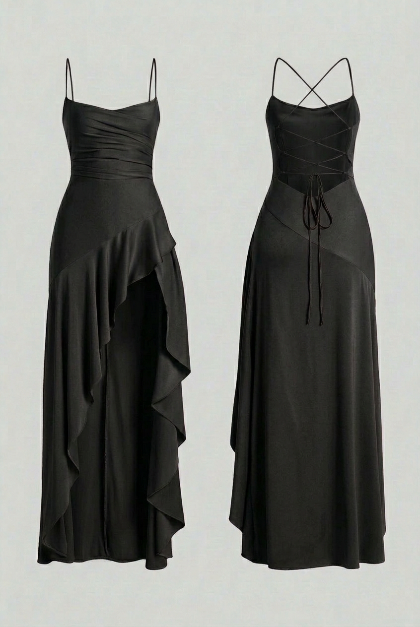 Elegant black maxi dress with lace-up back by Lumina Wear, featuring flowing fabric and stylish silhouette.