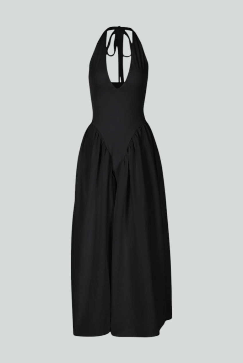 Elegant black midi dress from Lumina Wear, featuring a flattering fit and stylish design, perfect for formal occasions.