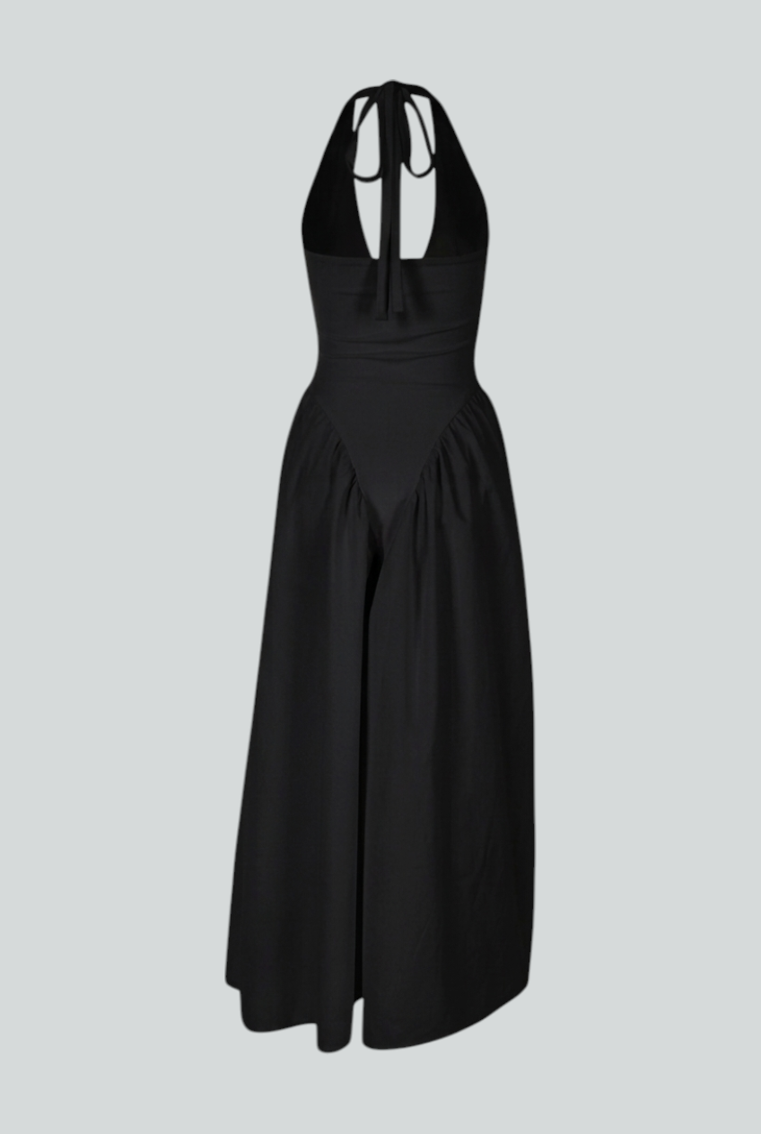 Elegant black midi dress from Lumina Wear featuring a flattering fit, perfect for stylish occasions.