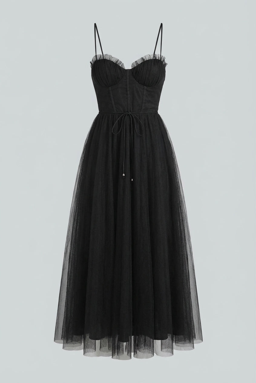 Elegant black midi dress by Lumina Wear, sleeveless design with a fitted silhouette, perfect for formal occasions.