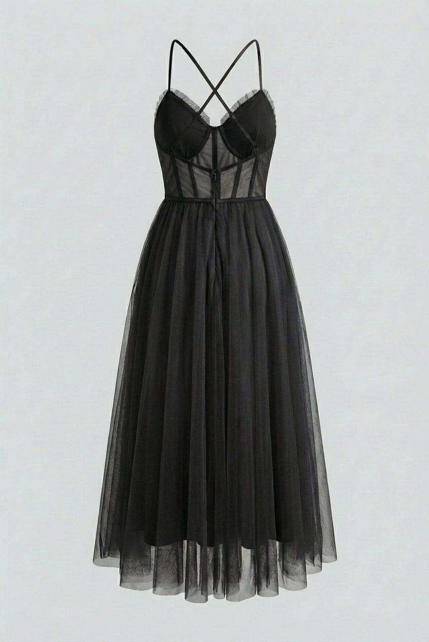 Elegant black sleeveless midi dress by Lumina Wear, featuring a sophisticated fit and stylish design.