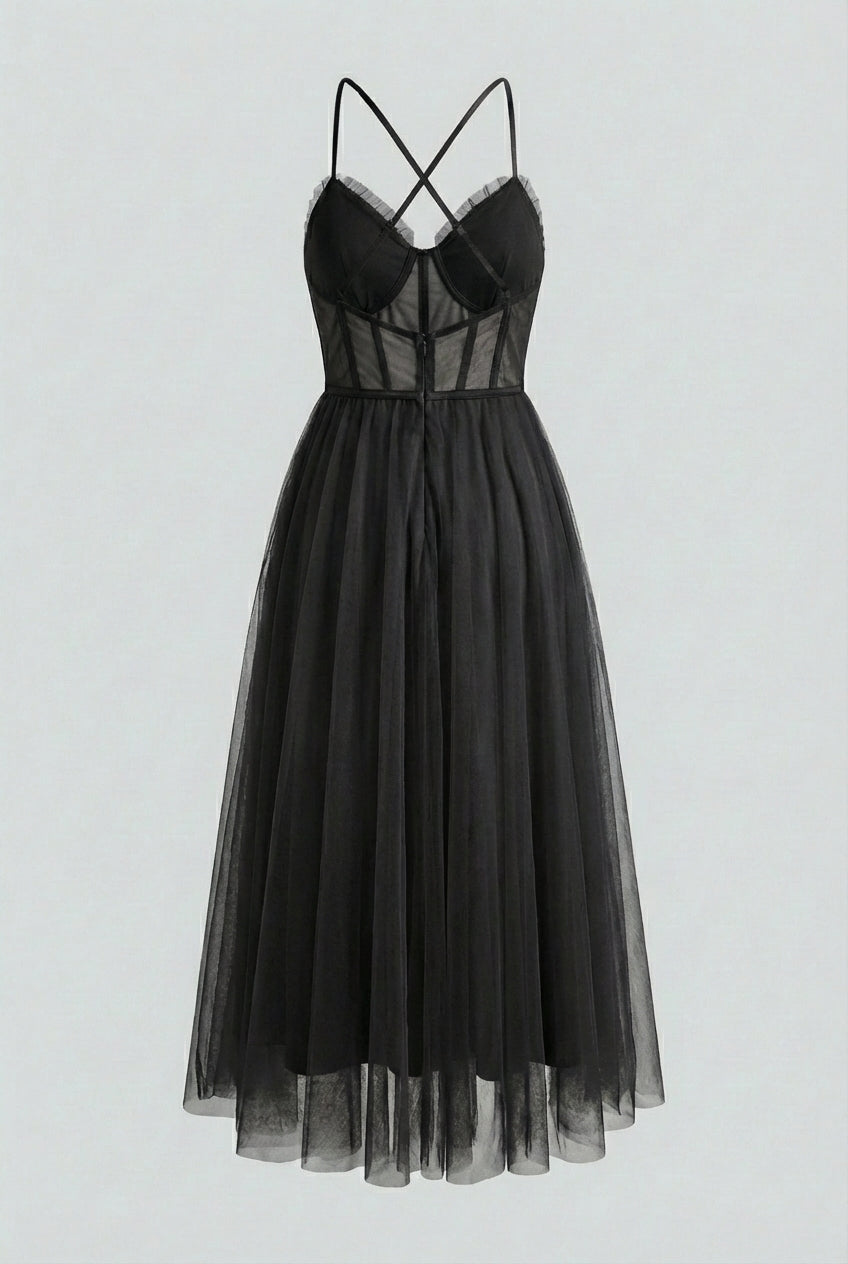 Elegant black sleeveless midi dress by Lumina Wear, featuring a sophisticated fit and stylish design.