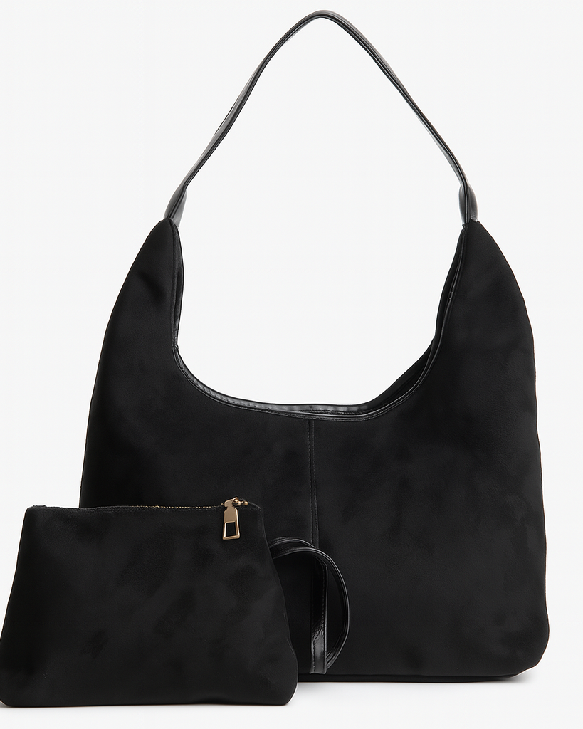 Elegant black vegan suede tote bag by Lumina Wear, showcasing a spacious handbag with sleek design and sturdy handles.