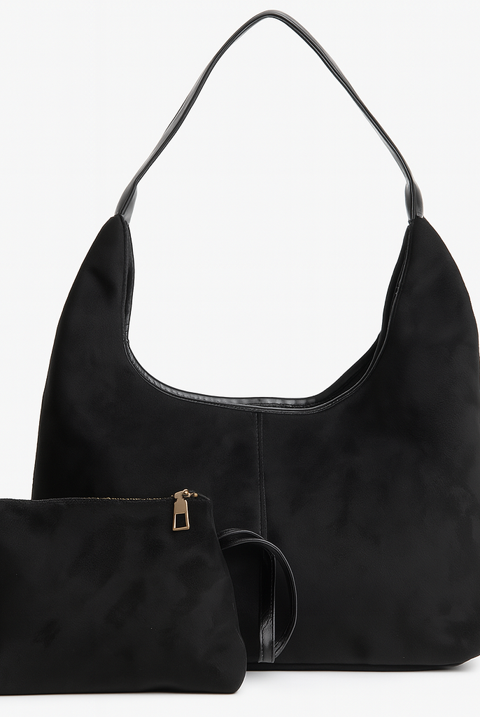 Elegant black vegan suede tote bag from Lumina Wear featuring sleek design and spacious interior for everyday use.