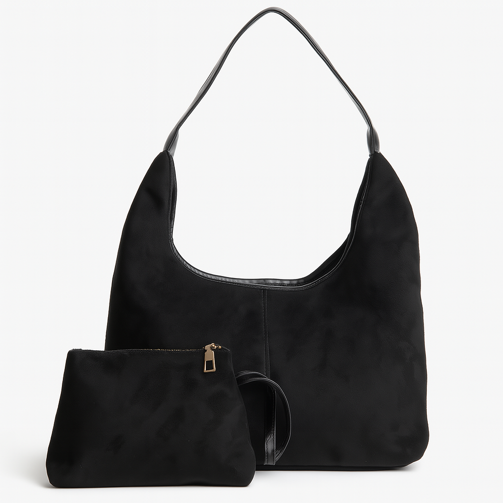 Elegant black vegan suede tote bag from Lumina Wear featuring sleek design and spacious interior for everyday use.