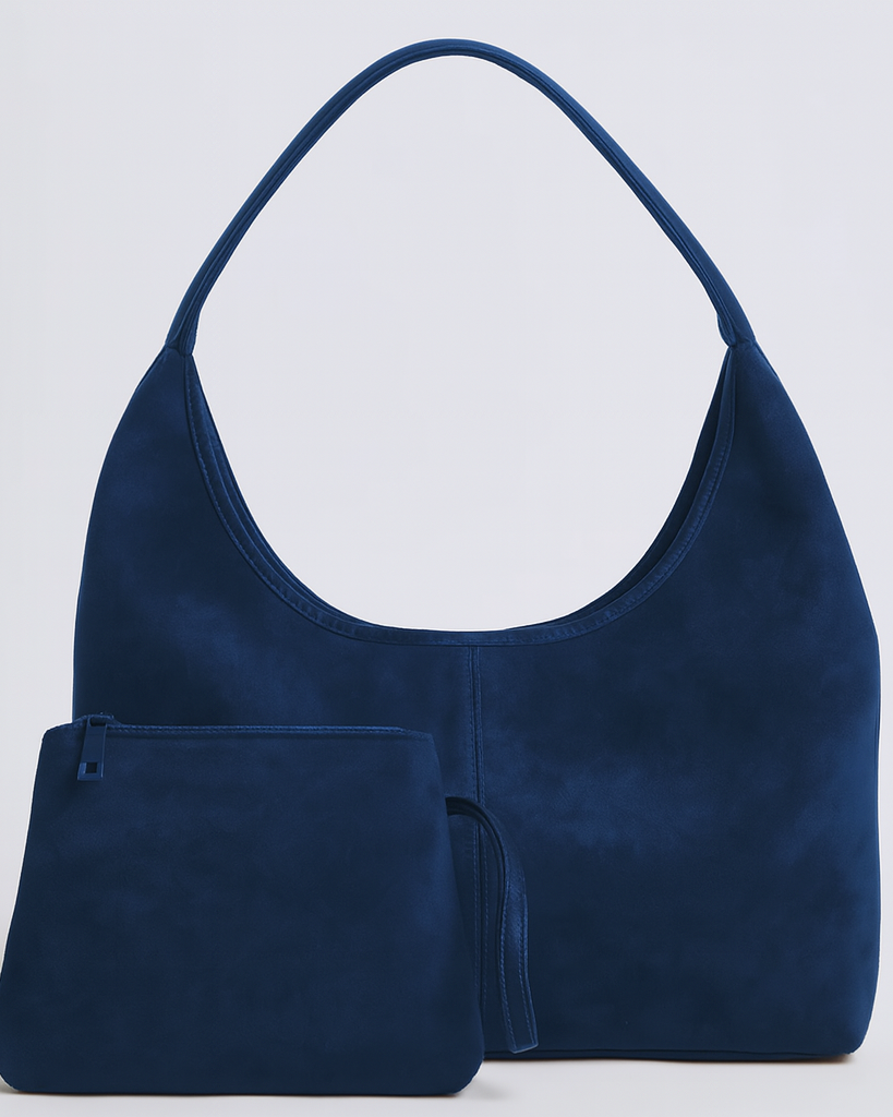 Elegant black vegan suede tote bag by Lumina Wear, featuring a spacious handbag design with sleek handles and modern style.