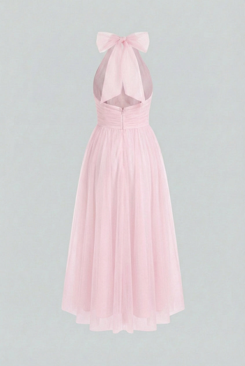 Elegant blush midi dress by Lumina Wear featuring a flattering silhouette, perfect for special occasions.