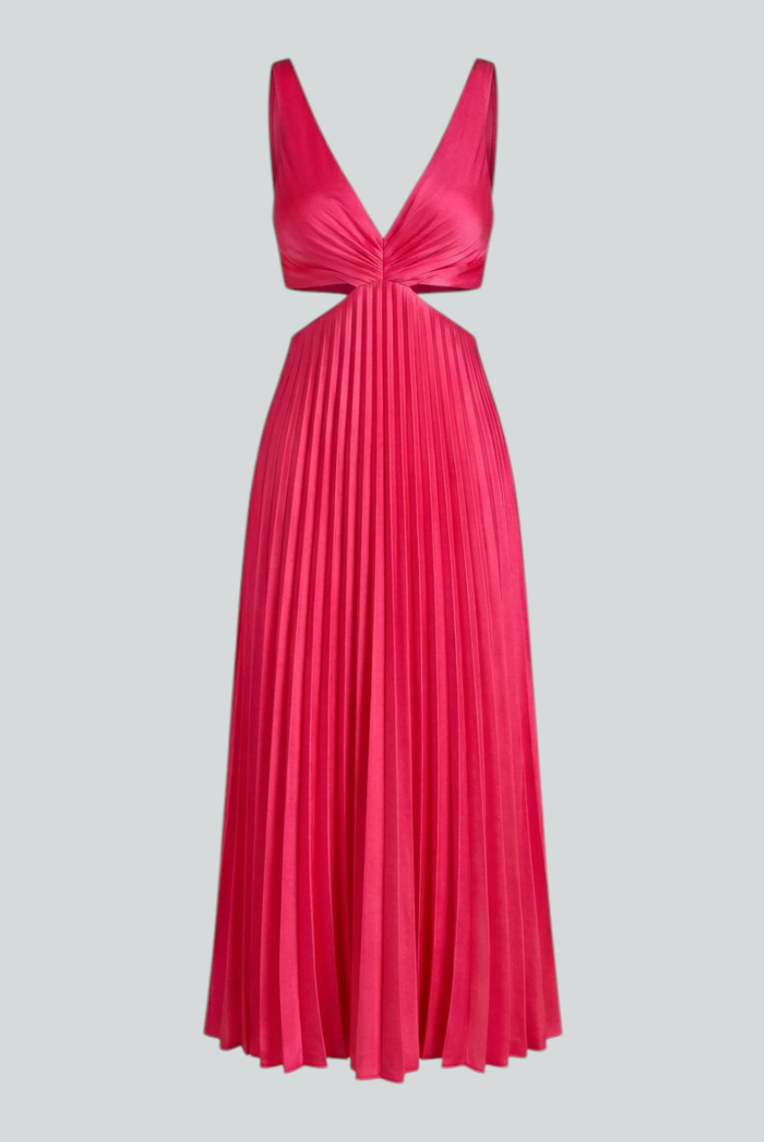 Elegant blush pink pleated dress with flowing silhouette from Lumina Wear, showcasing a stylish and graceful design.