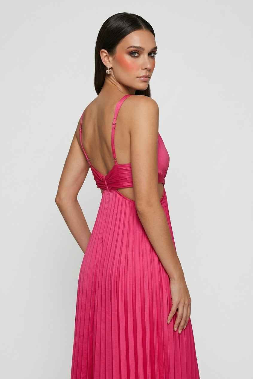 Elegant blush pink pleated dress with flowing silhouette by Lumina Wear, featuring soft fabric and stylish design.