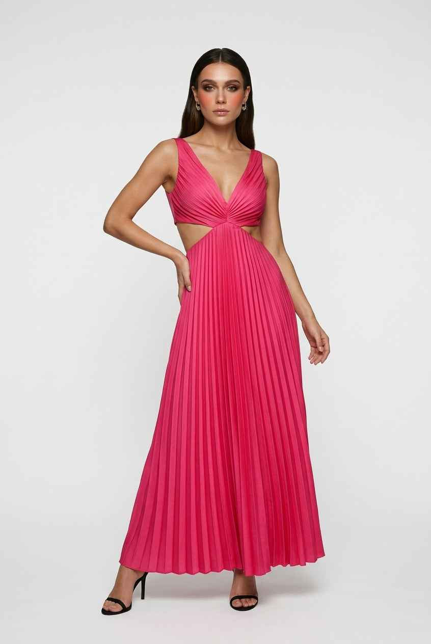 Elegant blush pink pleated dress with flowing silhouette from Lumina Wear, featuring a stylish and graceful design.