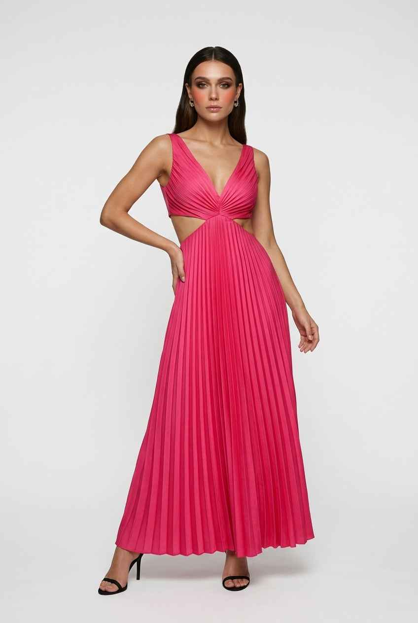 Elegant blush pink pleated dress with flowing silhouette from Lumina Wear, featuring a stylish and graceful design.