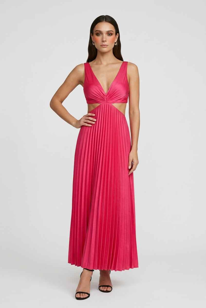 Elegant blush pink pleated dress with flowing silhouette by Lumina Wear, featuring a stylish and graceful design.