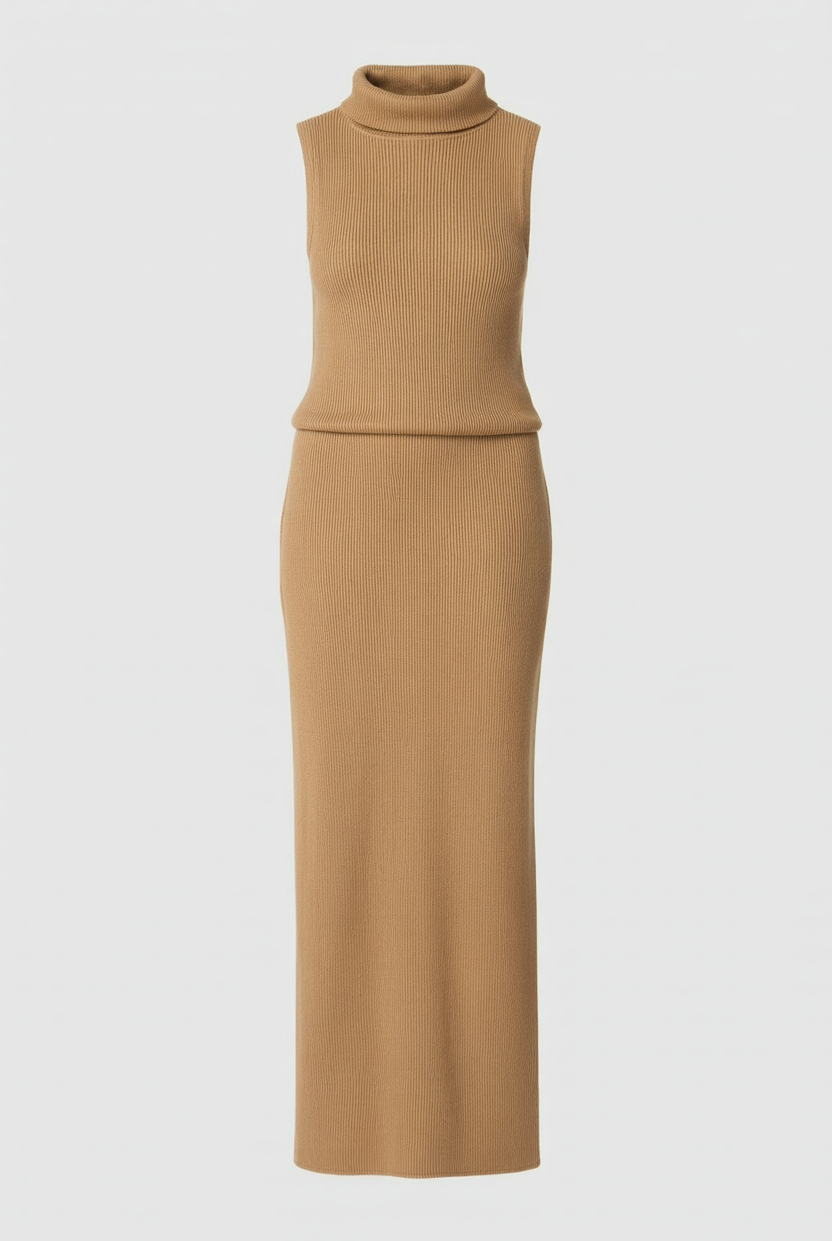 Elegant brown knit skirt set by Lumina Wear, featuring a sophisticated two-piece dress with stylish details.