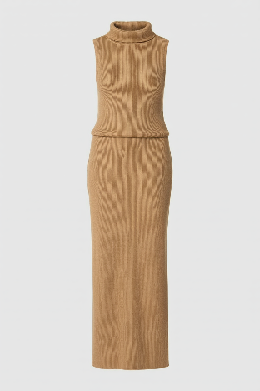 Elegant brown knit skirt set by Lumina Wear, featuring a sophisticated two-piece dress with stylish details.