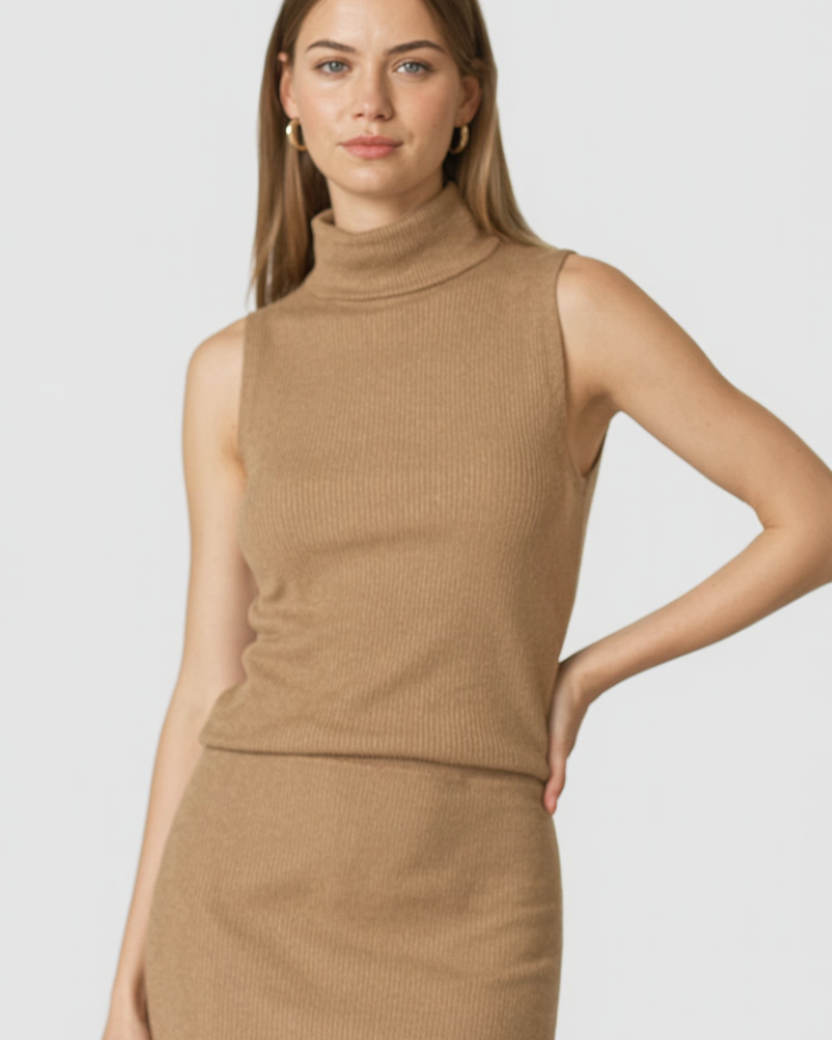 Elegant brown knit skirt set by Lumina Wear featuring a sophisticated two-piece design and stylish, comfortable fit.