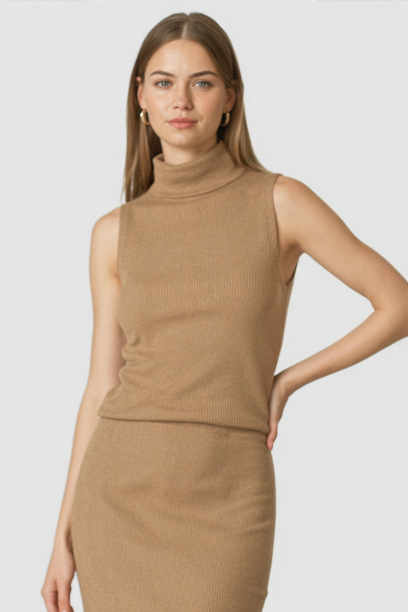 Elegant brown knit skirt set by Lumina Wear, featuring a sophisticated two-piece dress with stylish, cozy design.